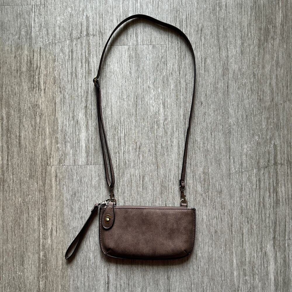 Joy Susan Taupe Zip Top Small Vegan Clutch Wristlet Wallet Crossbody Purse Bag